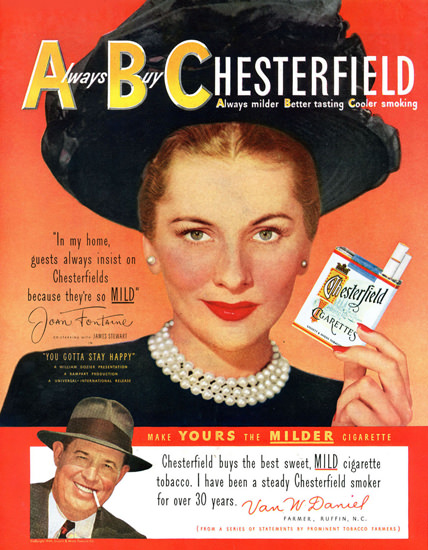 Chesterfield Joan Fontaine James Stewart 1949 | Sex Appeal Vintage Ads and Covers 1891-1970