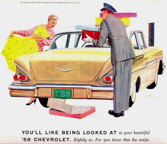 Chevrolet 1958 The Girl Trying Her New Dresses | Sex Appeal Vintage Ads and Covers 1891-1970