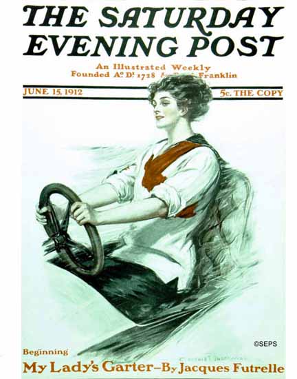 Clarence F Underwood Saturday Evening Post Woman Driving 1912_06_15 | The Saturday Evening Post Graphic Art Covers 1892-1930