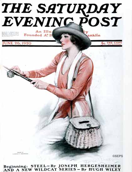 Clarence F Underwood Saturday Evening Post Woman Fishing 1920_06_26 | The Saturday Evening Post Graphic Art Covers 1892-1930