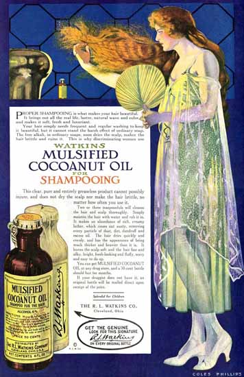 Coles Phillips Watkins Mulsified Coconut Oil Shampoo 1918 C | 200 Coles Phillips Magazine Covers and Ads 1908-1927