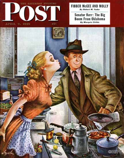 Constantin Alajalov Saturday Evening Post Before Dinner Kiss 1949_04_09 | The Saturday Evening Post Graphic Art Covers 1931-1969