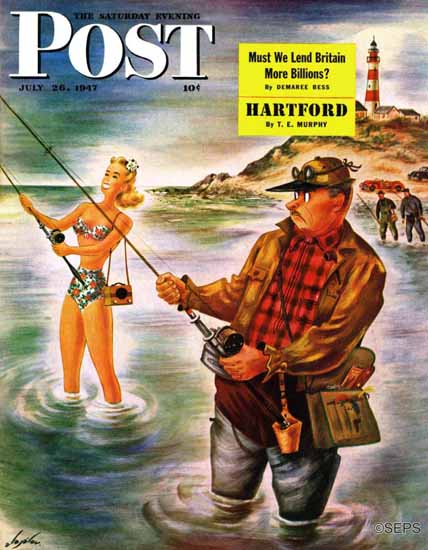 Constantin Alajalov Saturday Evening Post Bikini Surf Fisher 1947_07_26 | The Saturday Evening Post Graphic Art Covers 1931-1969