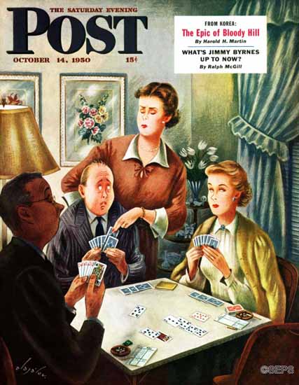 Constantin Alajalov Saturday Evening Post Bridge Game 1950_10_14 | The Saturday Evening Post Graphic Art Covers 1931-1969