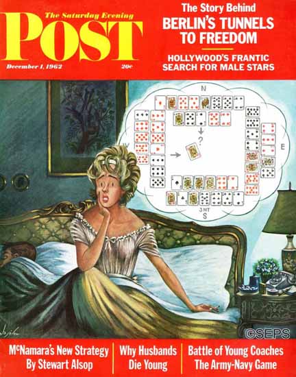 Constantin Alajalov Saturday Evening Post Bridge Hand Sleep 1962_12_01 | The Saturday Evening Post Graphic Art Covers 1931-1969