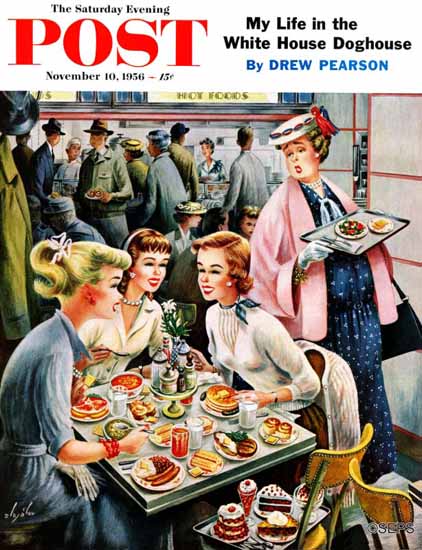 Constantin Alajalov Saturday Evening Post Cafeteria Dieter 1956_11_10 | The Saturday Evening Post Graphic Art Covers 1931-1969