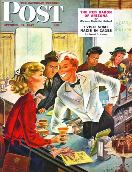 Constantin Alajalov Saturday Evening Post Flirting Soda Jerk 1947_10_11 | The Saturday Evening Post Graphic Art Covers 1931-1969