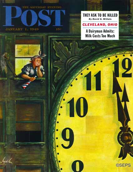 Constantin Alajalov Saturday Evening Post Giant Clock 1949_01_01 | The Saturday Evening Post Graphic Art Covers 1931-1969