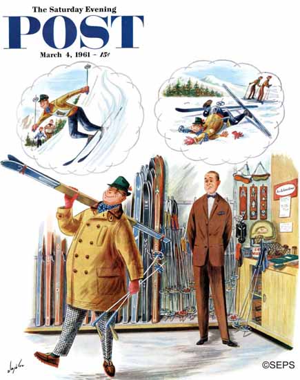 Constantin Alajalov Saturday Evening Post New Skier 1961_03_04 | The Saturday Evening Post Graphic Art Covers 1931-1969