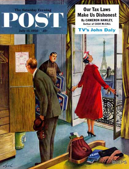 Constantin Alajalov Saturday Evening Post Paris Hotel 1956_07_14 | The Saturday Evening Post Graphic Art Covers 1931-1969