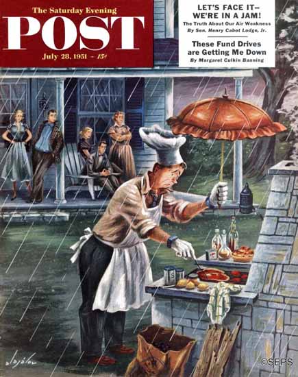 Constantin Alajalov Saturday Evening Post Rainy Barbecue 1951_07_28 | The Saturday Evening Post Graphic Art Covers 1931-1969