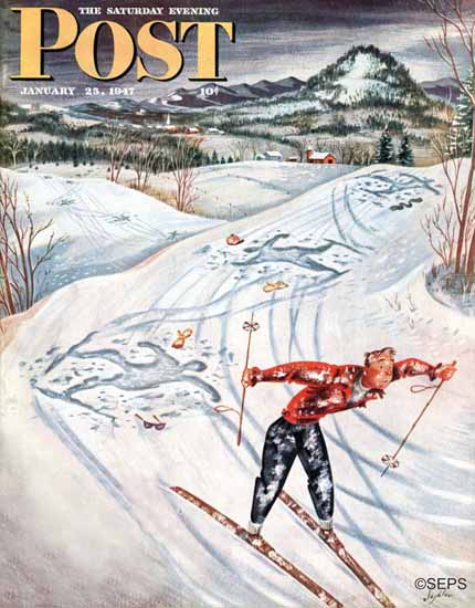 Constantin Alajalov Saturday Evening Post Snow Skiers Falls 1947_01_25 | The Saturday Evening Post Graphic Art Covers 1931-1969