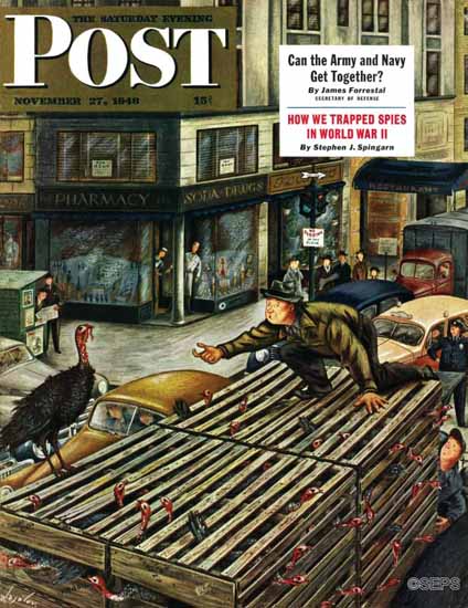 Constantin Alajalov Saturday Evening Post Turkey Loose Truck 1948_11_27 | The Saturday Evening Post Graphic Art Covers 1931-1969