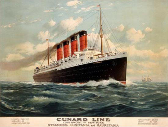 Cunard Line 1908 Steamers Lusitania Mauretania | Vintage Travel Posters 1891-1970