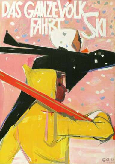 Das ganze Volk Faehrt Ski Skiing Switzerland 1943 | Vintage Travel Posters 1891-1970