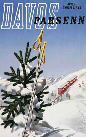 Davos Parsenn Skiing Suisse Switzerland 1949 | Vintage Travel Posters 1891-1970