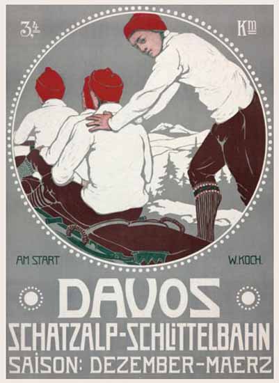 Davos Schatzalp Schlittelbahn Sledding Switzerland 1911 | Vintage Travel Posters 1891-1970