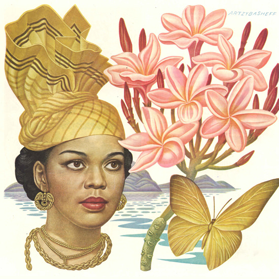 Detail Of Alcoa Sails The Caribbean Butterfly Flower 1948 by Boris Artzybasheff | Best of Vintage Ad Art 1891-1970