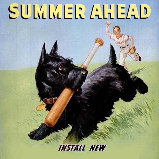 Detail Of Champion Spark Plugs Summer Ahead Dog 1950s | Best of 1950s Ad and Cover Art