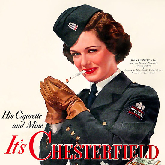 Detail Of Chesterfield Cigarettes Joan Bennett 1942 | Best of 1940s Ad and Cover Art