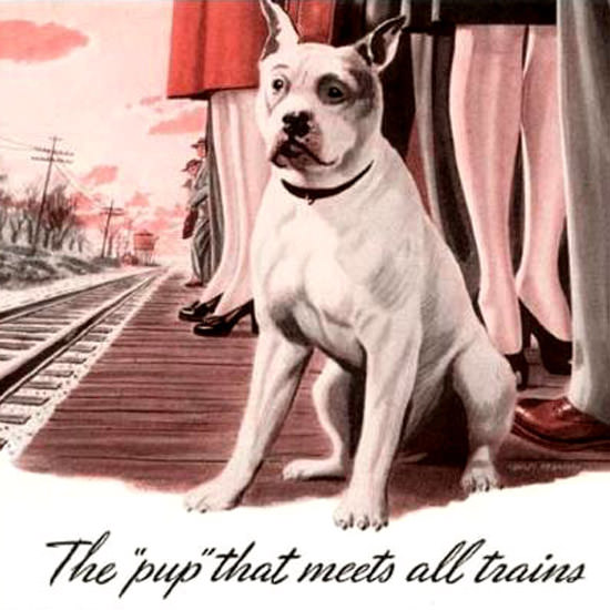 Detail Of Milwaukee Road Pup That Meets All Trains 1943 | Best of Vintage Ad Art 1891-1970