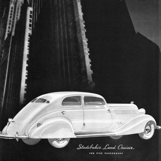 Detail Of Studebaker Land Cruiser 1935 Skyscraper | Best of Vintage Ad Art 1891-1970