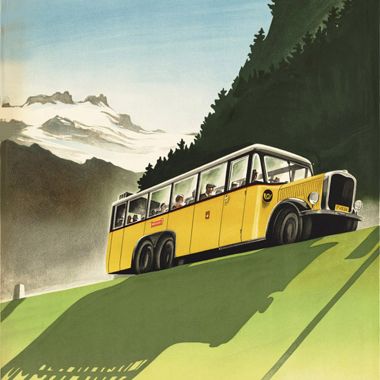 Detail Of Switzerland Alpine Postal Motor Coaches 1930s | Best of Vintage Ad Art 1891-1970