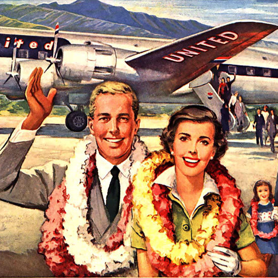 Detail Of United Air Lines Hawaii Is Just A Few Hours Away | Best of Vintage Ad Art 1891-1970