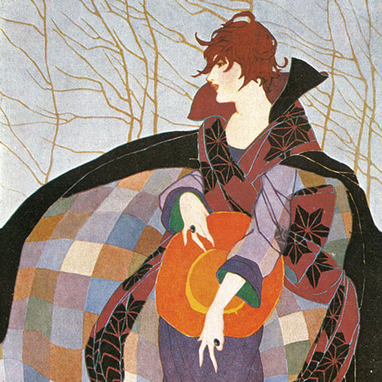 Detail Of Vogue Copyright 1919 Art Nouveau Lady In Colorful Coat | Best of Vintage Ad Art 1891-1970