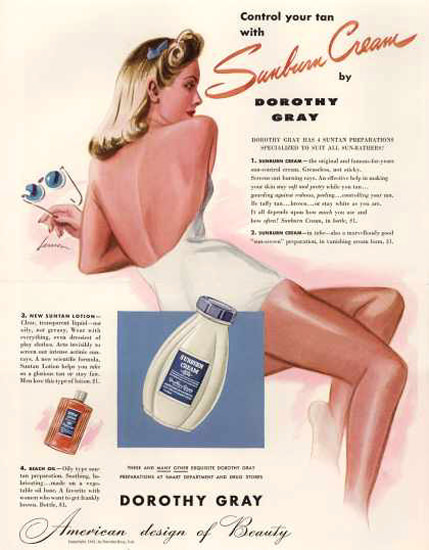 Dorothy Gray Sunburn Creme Beauty 1941 | Sex Appeal Vintage Ads and Covers 1891-1970