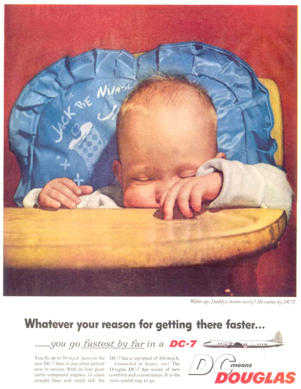 Douglas DC-7 Sleeping Baby In A Chair 1955 | Vintage Travel Posters 1891-1970