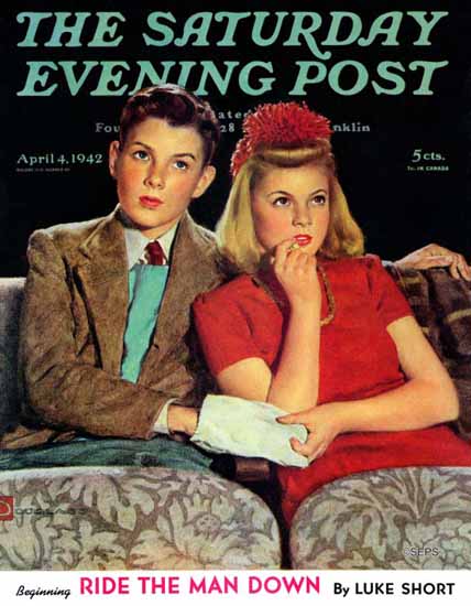 Douglass Crockwell Saturday Evening Post Movie Date 1942_04_04 | The Saturday Evening Post Graphic Art Covers 1931-1969