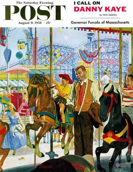 Earl Mayan Saturday Evening Post Amusement Park Carousel 1958_08_09 | The Saturday Evening Post Graphic Art Covers 1931-1969