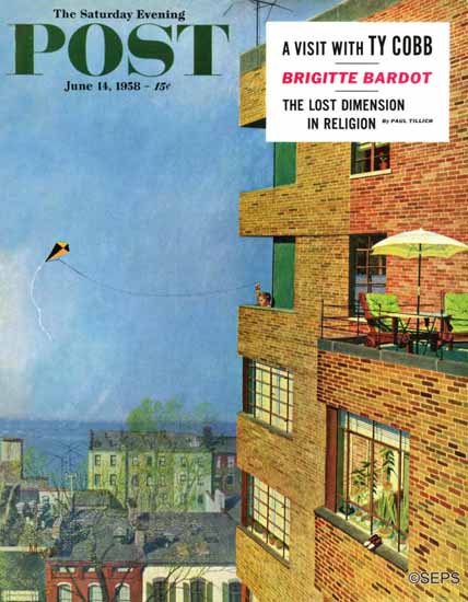 Earl Mayan Saturday Evening Post Apartment Kite Flyer 1958_06_14 | The Saturday Evening Post Graphic Art Covers 1931-1969