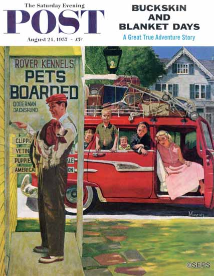 Earl Mayan Saturday Evening Post Boarding the Dog 1957_08_24 | The Saturday Evening Post Graphic Art Covers 1931-1969