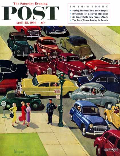 Earl Mayan Saturday Evening Post Traffic Jam 1956_04_28 | The Saturday Evening Post Graphic Art Covers 1931-1969