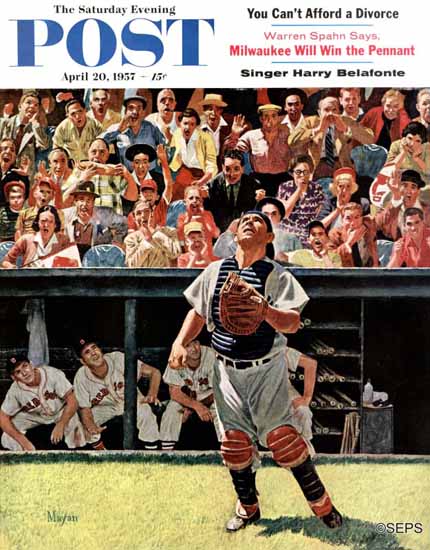 Earl Mayan Saturday Evening Post Yogi Berra 1957_04_20 | The Saturday Evening Post Graphic Art Covers 1931-1969