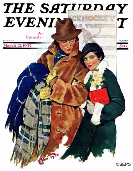 Ellen Pyle Saturday Evening Post Date at Hockey Game 1932_03_12 | The Saturday Evening Post Graphic Art Covers 1931-1969