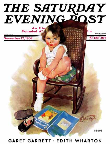 Ellen Pyle Saturday Evening Post Toddler in Rocker 1932_11_12 | The Saturday Evening Post Graphic Art Covers 1931-1969