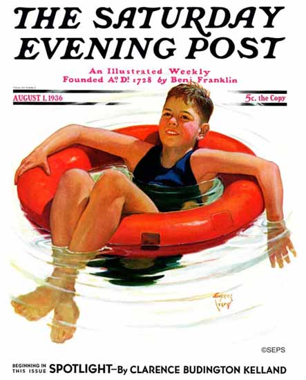 Eugene Iverd Saturday Evening Post Boy in Inner Tube 1936_08_01 | The Saturday Evening Post Graphic Art Covers 1931-1969