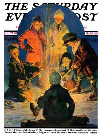 Eugene Iverd Saturday Evening Post Skaters Bonfire 1931_02_21 | The Saturday Evening Post Graphic Art Covers 1931-1969