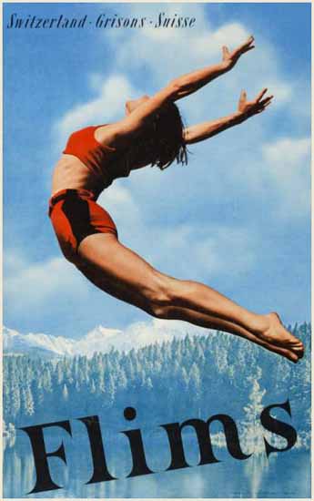 Flims Grisons Suisse Switzerland Alpine Lakes 1947 | Vintage Travel Posters 1891-1970