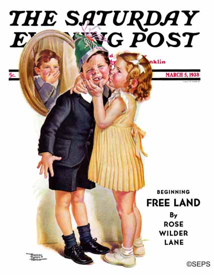 Frances Tipton Hunter Saturday Evening Post Birthday Kiss 1938_03_05 | The Saturday Evening Post Graphic Art Covers 1931-1969