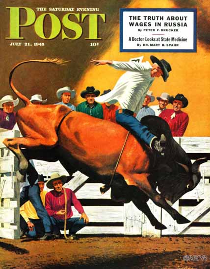 Fred Ludekens Saturday Evening Post Bull Riding 1945_07_21 | The Saturday Evening Post Graphic Art Covers 1931-1969