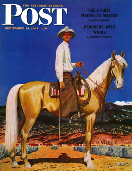 Fred Ludekens Saturday Evening Post Cowboy on Palomino 1943_09_18 | The Saturday Evening Post Graphic Art Covers 1931-1969