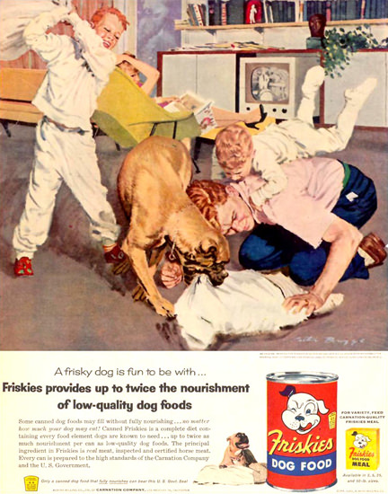 Friskies Dog Food Brawl Scuffle Tussle 1955 | Vintage Ad and Cover Art 1891-1970