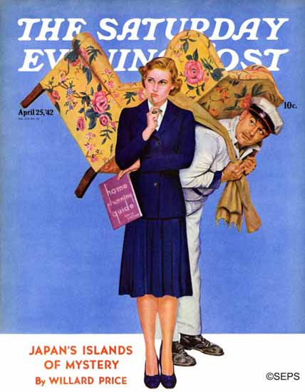 Gene Pelham Saturday Evening Post New Chair 1942_04_25 | The Saturday Evening Post Graphic Art Covers 1931-1969