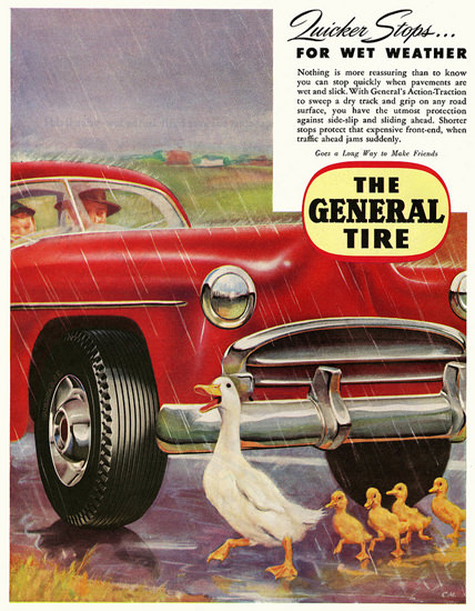 General Tire Quicker Stops Wet Weather 1952 | Vintage Ad and Cover Art 1891-1970