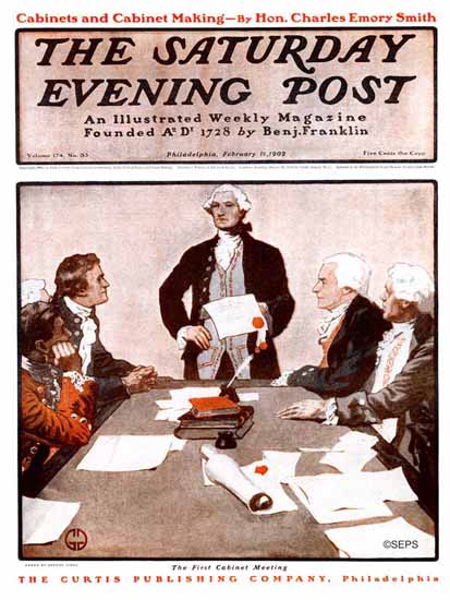 George Gibbs Saturday Evening Post First Cabinet Meeting 1902_02_15 | The Saturday Evening Post Graphic Art Covers 1892-1930