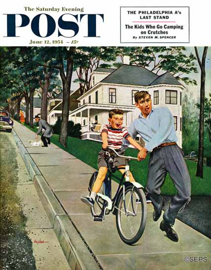 George Hughes Saturday Evening Post Bike Riding Lesson 1954_06_12 | The Saturday Evening Post Graphic Art Covers 1931-1969